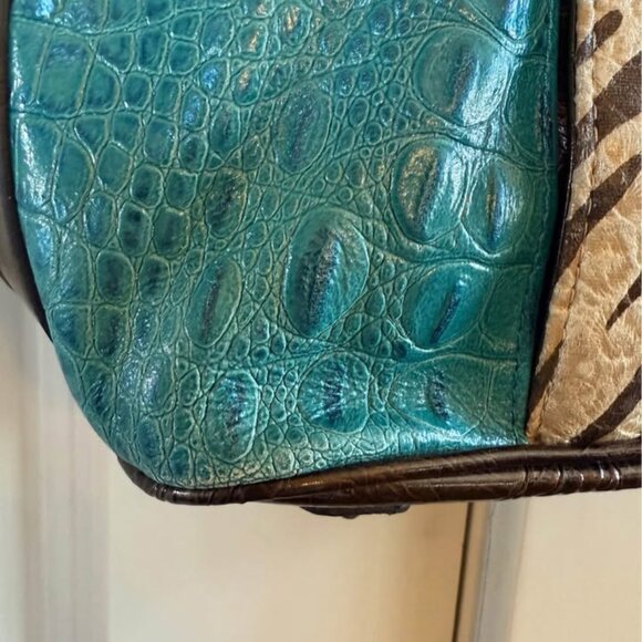 Teal and Brown Croco Embossed Animal Pattern Leather MC Medium Shoulder Handbag - Picture 8 of 10